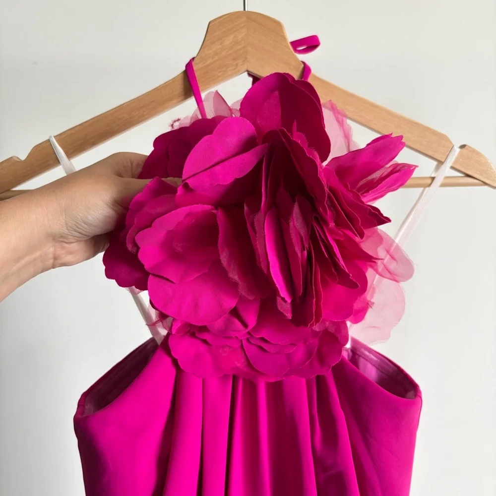 Halston Heritage Hot Pink Halter Maxi Dress with Floral Neck Detail - Picture 7 of 16